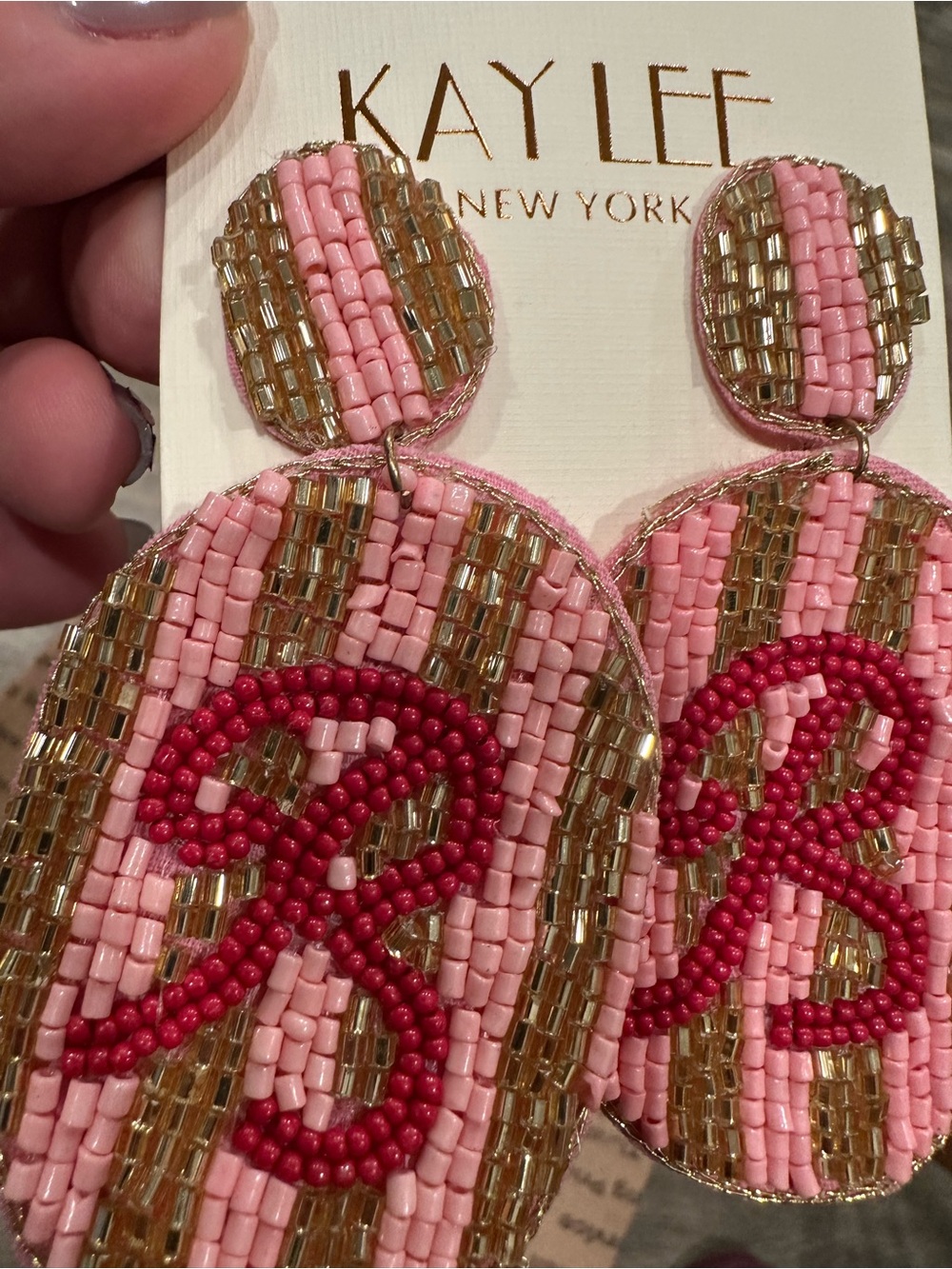 Pink & Gold Beaded Earrings with Red Monogram Accent